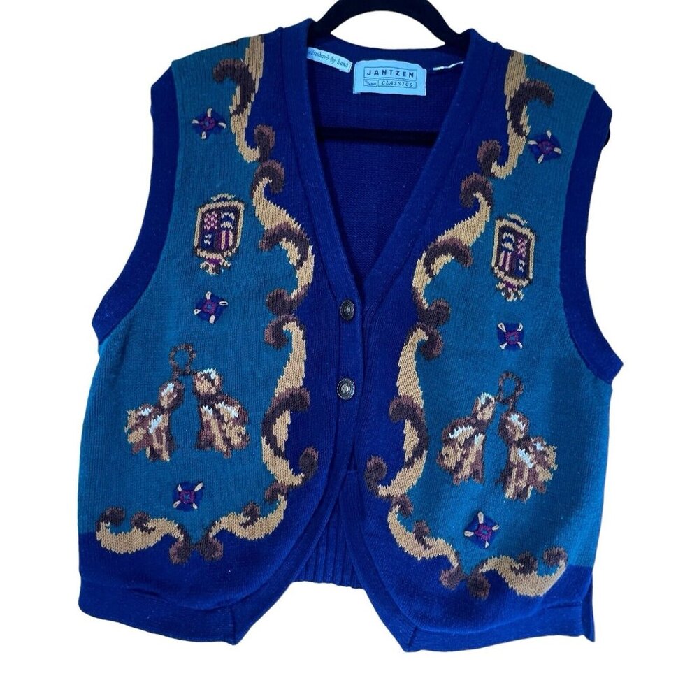 Vtg 90s Jantzen Classics Sweater Vest Womens Large Hand Embroidered Blue Buttons